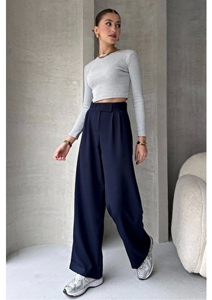 Lacivert Pantolon Kadın Yüksek Bel Ayarlanabilir Bel Geniş Paça Dokuma Kumaş