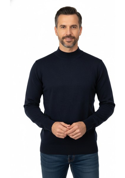 Erkek Kışlık Pamuklu Triko Ince Örme Yarım Balıkçı Yaka Kazak Rahat Kesim Tam Kalıp