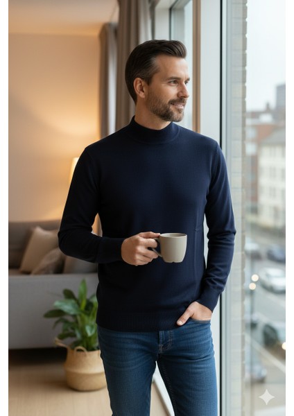 Erkek Kışlık Pamuklu Triko Ince Örme Yarım Balıkçı Yaka Kazak Rahat Kesim Tam Kalıp modelleri