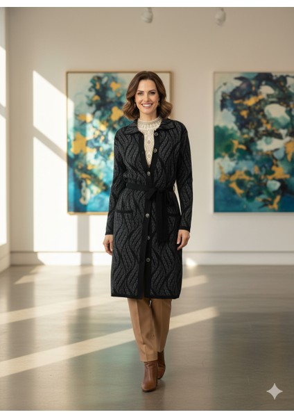 Kadın Kışlık Motifli Düğmeli Cepli Rahat Kesim Likralı Yünlü Dokuma Anne Hırka indirimleri