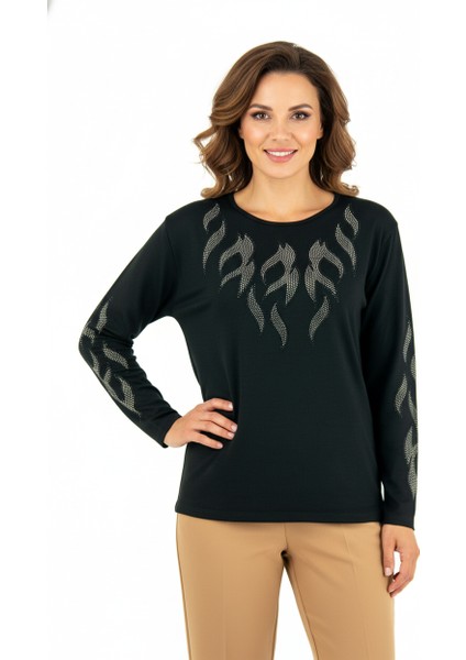 Kadın Taşlı Dal Desenli Uzun Kollu Yuvarlak Yaka Rahat Kesim Likralı Nergiz Kumaş Anne Ince Kazak