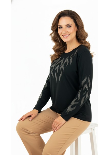 Kadın Taşlı Dal Desenli Uzun Kollu Yuvarlak Yaka Rahat Kesim Likralı Nergiz Kumaş Anne Ince Kazak fiyatları