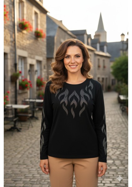 Kadın Taşlı Dal Desenli Uzun Kollu Yuvarlak Yaka Rahat Kesim Likralı Nergiz Kumaş Anne Ince Kazak fırsatları