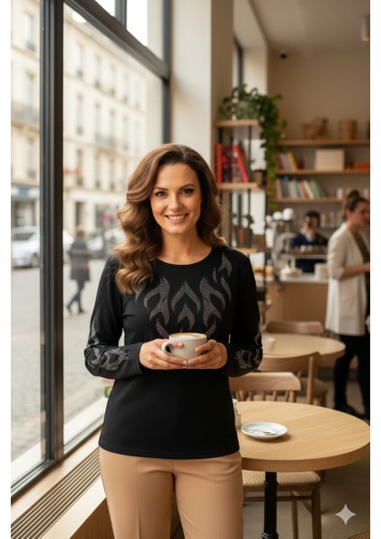 Kadın Taşlı Dal Desenli Uzun Kollu Yuvarlak Yaka Rahat Kesim Likralı Nergiz Kumaş Anne Ince Kazak indirimleri