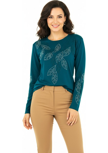 Kadın Yaprak Taşlı Desenli Uzun Kollu Yuvarlak Yaka Rahat Kesim Likralı Nergiz Kumaş Anne Ince Kazak