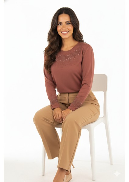 Kadın Damla Taşlı ve Desenli Uzun Kollu Yuvarlak Yaka Rahat Kesim Likralı Nergiz Kumaş Anne Ince Kazak fiyatları