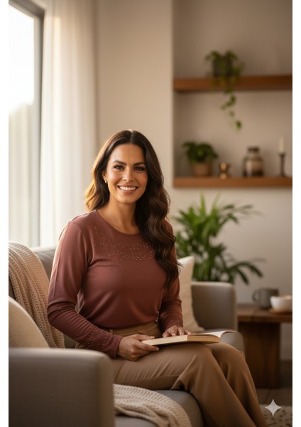 Kadın Damla Taşlı ve Desenli Uzun Kollu Yuvarlak Yaka Rahat Kesim Likralı Nergiz Kumaş Anne Ince Kazak indirimleri