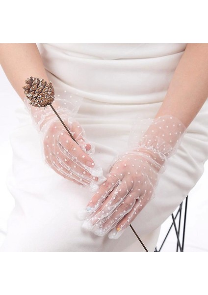 Bfs Kısa Boy Güpürlü Beyaz Puantiyeli Tül Eldiven Beyaz Renk