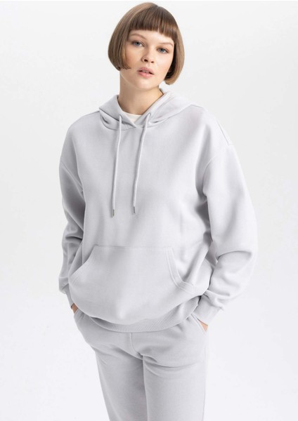 Relax Fit Kapüşonlu Kanguru Cepli Kalın Basic Düz Sweatshirt