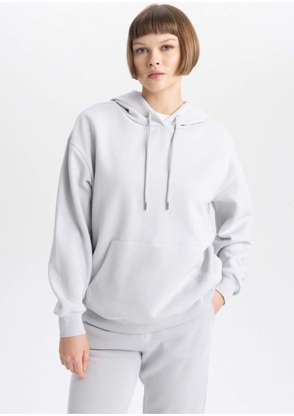 Relax Fit Kapüşonlu Kanguru Cepli Kalın Basic Düz Sweatshirt
