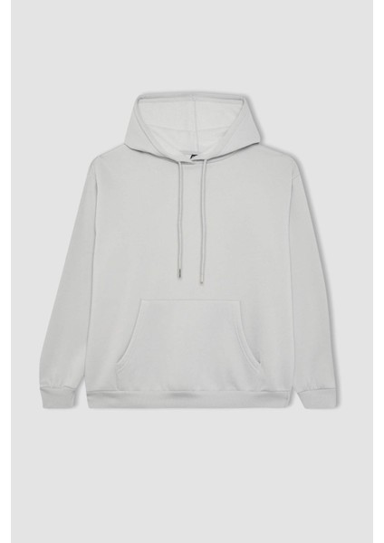 Relax Fit Kapüşonlu Kanguru Cepli Kalın Basic Düz Sweatshirt