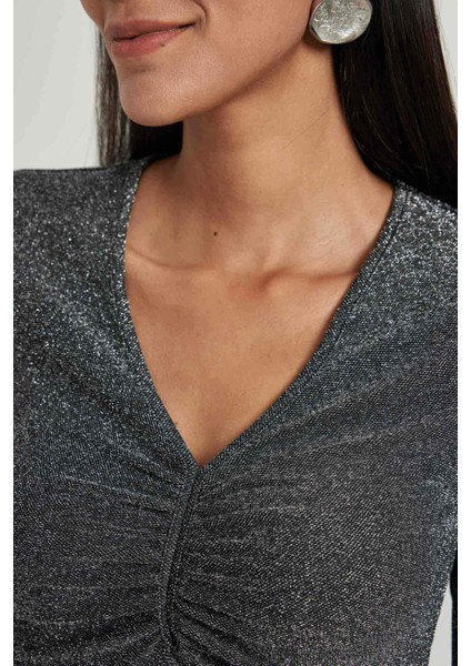 Bodycon Vücudu Saran V Yaka Payetli Kumaş Midi Uzun Kollu Elbise