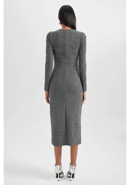 Bodycon Vücudu Saran V Yaka Payetli Kumaş Midi Uzun Kollu Elbise