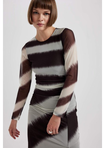 Bodycon Degrade Bisiklet Yaka Tül Uzun Kollu Midi Elbise