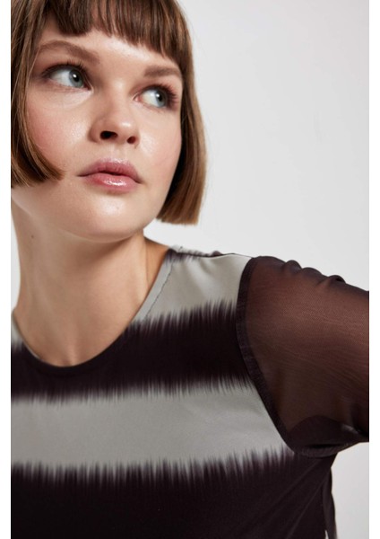 Bodycon Degrade Bisiklet Yaka Tül Uzun Kollu Midi Elbise