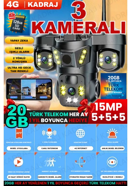 Sim Kartlı Kamera, 3 Kameralı, Solar Panelli, 20GB Turk Telekom Hat Dahil, Insan Algılama, Sesli Konuşma, ALARM,X66B