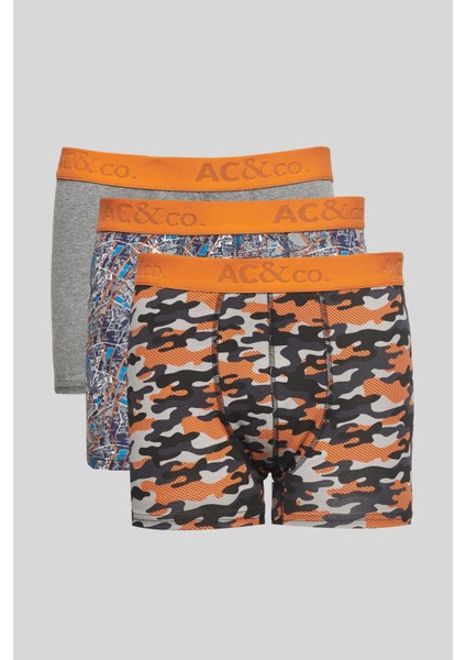 Erkek Sıyah Turuncu 3'lü Pamuklu Esnek Boxer Paketi