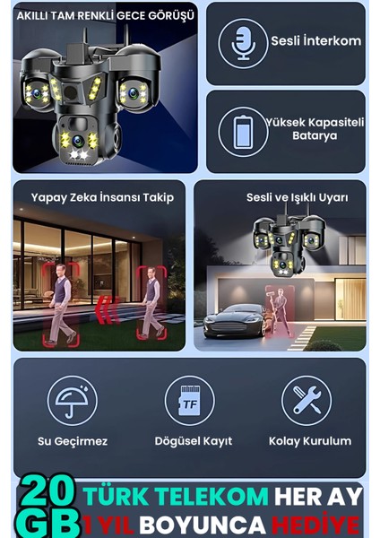 Sim Kartlı Kamera, 3 Kameralı, Solar Panelli, 20GB Turk Telekom Hat Dahil, Insan Algılama, Sesli Konuşma, ALARM,X66B fırsatları