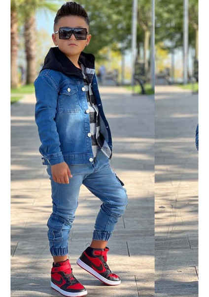 Erkek Çocuk Ekose Kapşonlu Siyah Oduncu Gömlek Sırtı Tiger Desen Ceket Kot Alt Üst Takım fiyatları