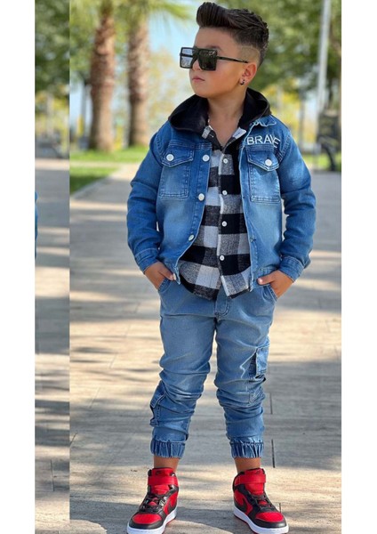 Erkek Çocuk Ekose Kapşonlu Siyah Oduncu Gömlek Sırtı Tiger Desen Ceket Kot Alt Üst Takım modelleri