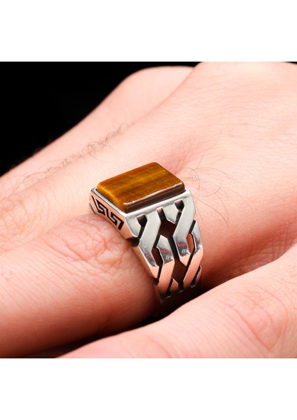 Zincir Tasarım Kaplan Gözü Taşlı 925 Ayar Erkek Gümüş Yüzük