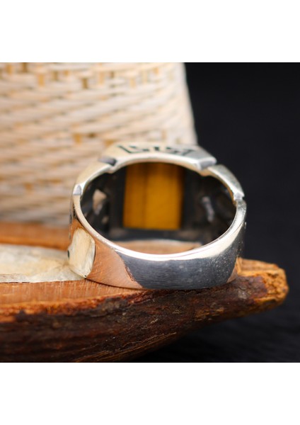 Zincir Tasarım Kaplan Gözü Taşlı 925 Ayar Erkek Gümüş Yüzük fırsatları