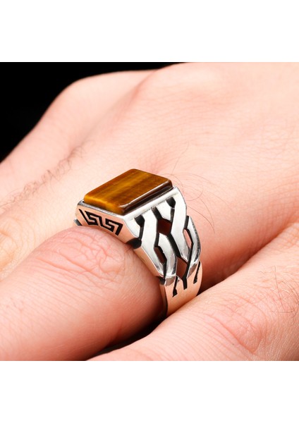 Zincir Tasarım Kaplan Gözü Taşlı 925 Ayar Erkek Gümüş Yüzük indirimleri