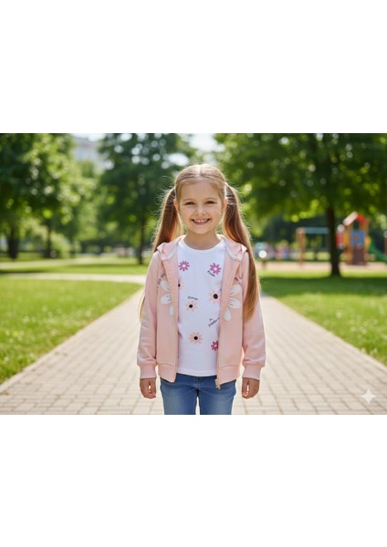 Kız Çocuk Somon Papatyalı Hırkalı Kot Pantolonlu 3'lü Takım 2 Yaş