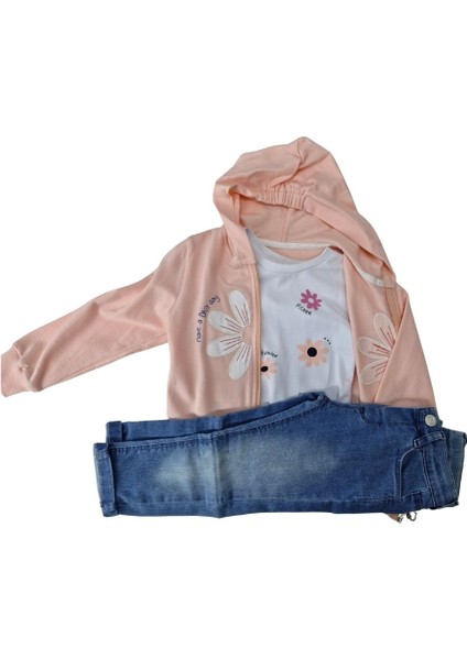 Kız Çocuk Somon Papatyalı Hırkalı Kot Pantolonlu 3'lü Takım 2 Yaş fiyatları