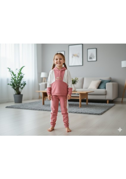 Kız Çocuk Ekru Pembe Beautiful Kapüşonlu Eşofman Takımı
