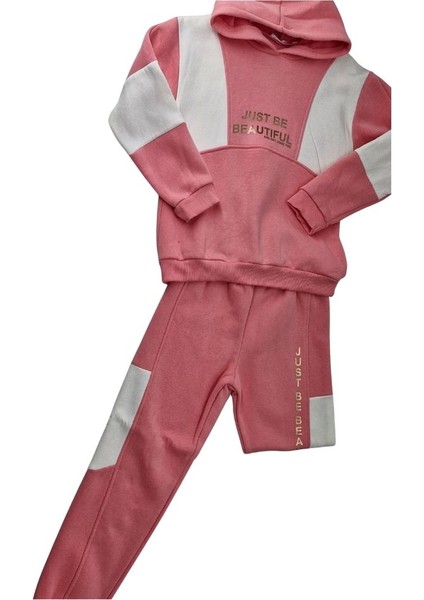 Kız Çocuk Ekru Pembe Beautiful Kapüşonlu Eşofman Takımı modelleri
