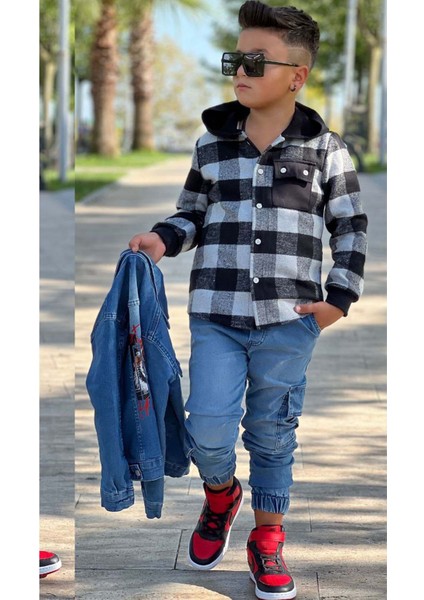 Erkek Çocuk Ekose Kapşonlu Siyah Oduncu Gömlek Sırtı Tiger Desen Ceket Kot Alt Üst Takım indirimleri