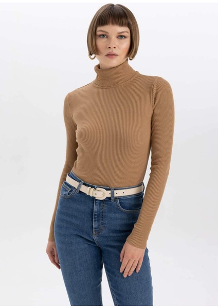 Fitted Balıkçı Yaka Basic Düz Triko Kazak