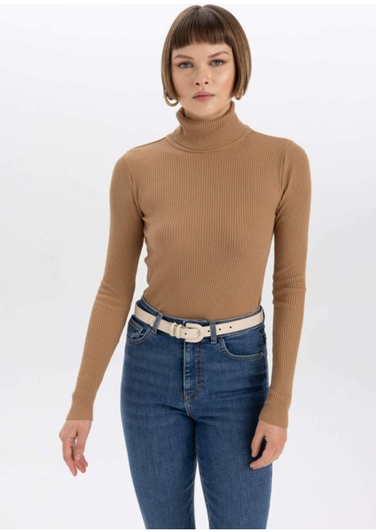 Fitted Balıkçı Yaka Basic Düz Triko Kazak