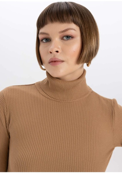 Fitted Balıkçı Yaka Basic Düz Triko Kazak