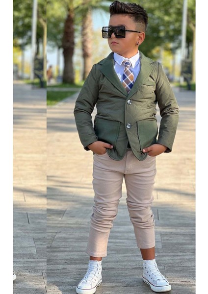 Erkek Çocuk Klasik Gömlek Kravatlı Kapitone Yeşil Mont Slim Pantolon Kesim Pantolon Alt Üst Takım fiyatları