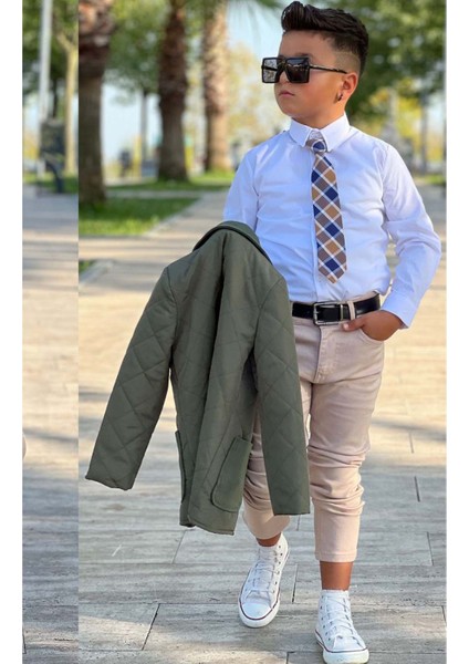 Erkek Çocuk Klasik Gömlek Kravatlı Kapitone Yeşil Mont Slim Pantolon Kesim Pantolon Alt Üst Takım modelleri
