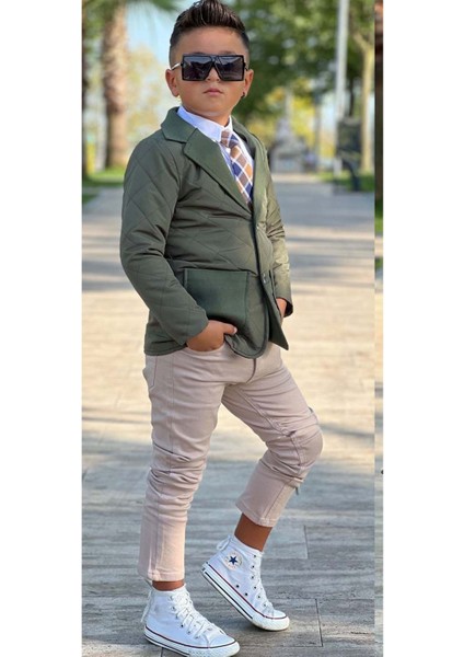 Erkek Çocuk Klasik Gömlek Kravatlı Kapitone Yeşil Mont Slim Pantolon Kesim Pantolon Alt Üst Takım fırsatları