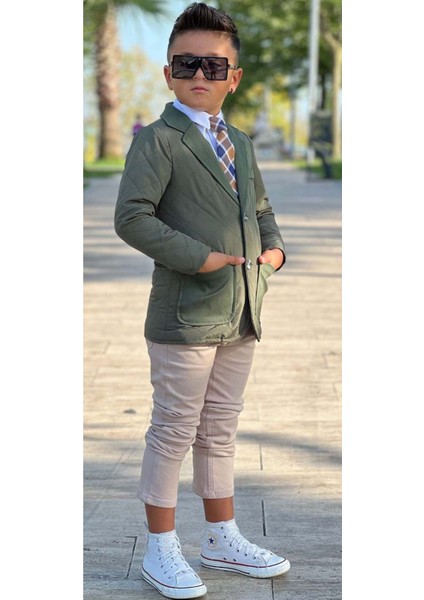 Erkek Çocuk Klasik Gömlek Kravatlı Kapitone Yeşil Mont Slim Pantolon Kesim Pantolon Alt Üst Takım indirimleri