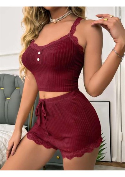 Bordo Dantel Işlemeli Fitilli Askılı Şortlu Pijama Takımı fiyatları