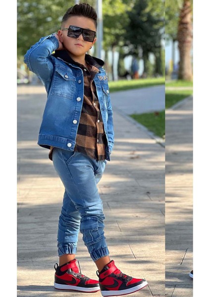 Erkek Çocuk Ekose Kapşonlu Kahverengi Oduncu Gömlek Sırtı Tiger Desen Ceket Kot Alt Üst Takım