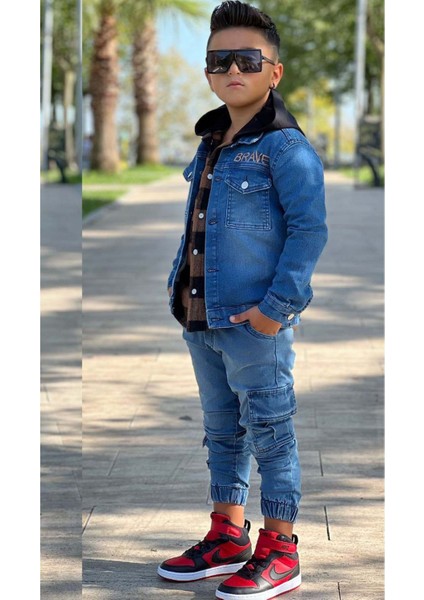 Erkek Çocuk Ekose Kapşonlu Kahverengi Oduncu Gömlek Sırtı Tiger Desen Ceket Kot Alt Üst Takım fiyatları