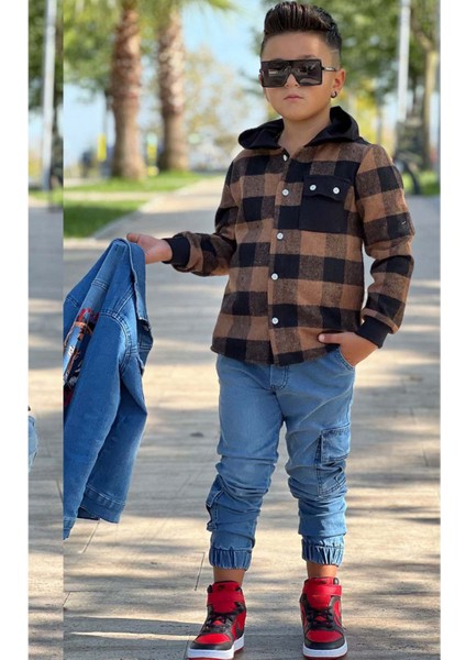 Erkek Çocuk Ekose Kapşonlu Kahverengi Oduncu Gömlek Sırtı Tiger Desen Ceket Kot Alt Üst Takım modelleri
