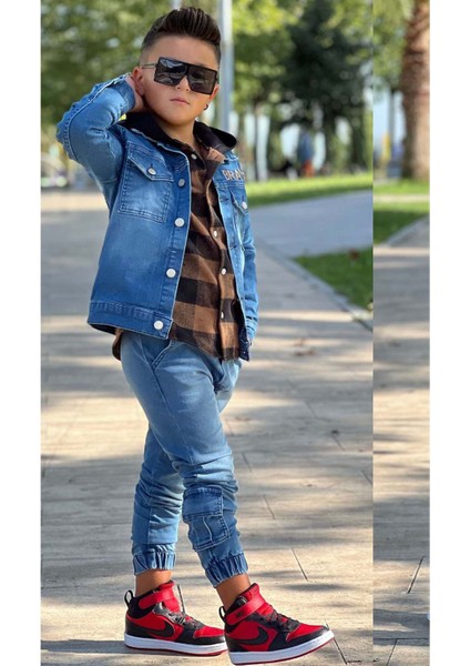 Erkek Çocuk Ekose Kapşonlu Kahverengi Oduncu Gömlek Sırtı Tiger Desen Ceket Kot Alt Üst Takım fırsatları