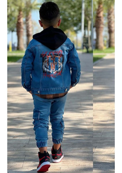 Erkek Çocuk Ekose Kapşonlu Kahverengi Oduncu Gömlek Sırtı Tiger Desen Ceket Kot Alt Üst Takım indirimleri