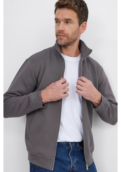 Unisex Relax Fit Rahat Kesim Pamuklu Içi Polarlı Fermuarlı Gri Dik Yaka Flato Cepli Sweatshirt Hırka