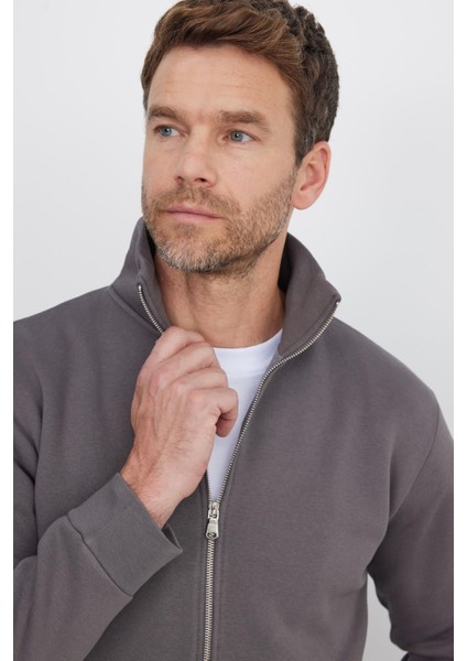 Unisex Relax Fit Rahat Kesim Pamuklu Içi Polarlı Fermuarlı Gri Dik Yaka Flato Cepli Sweatshirt Hırka fiyatları