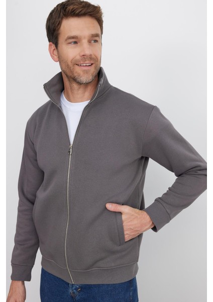 Unisex Relax Fit Rahat Kesim Pamuklu Içi Polarlı Fermuarlı Gri Dik Yaka Flato Cepli Sweatshirt Hırka fırsatları