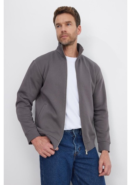 Unisex Relax Fit Rahat Kesim Pamuklu Içi Polarlı Fermuarlı Gri Dik Yaka Flato Cepli Sweatshirt Hırka indirimleri