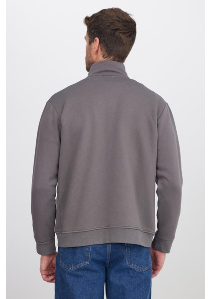 Unisex Relax Fit Rahat Kesim Pamuklu Içi Polarlı Fermuarlı Gri Dik Yaka Flato Cepli Sweatshirt Hırka